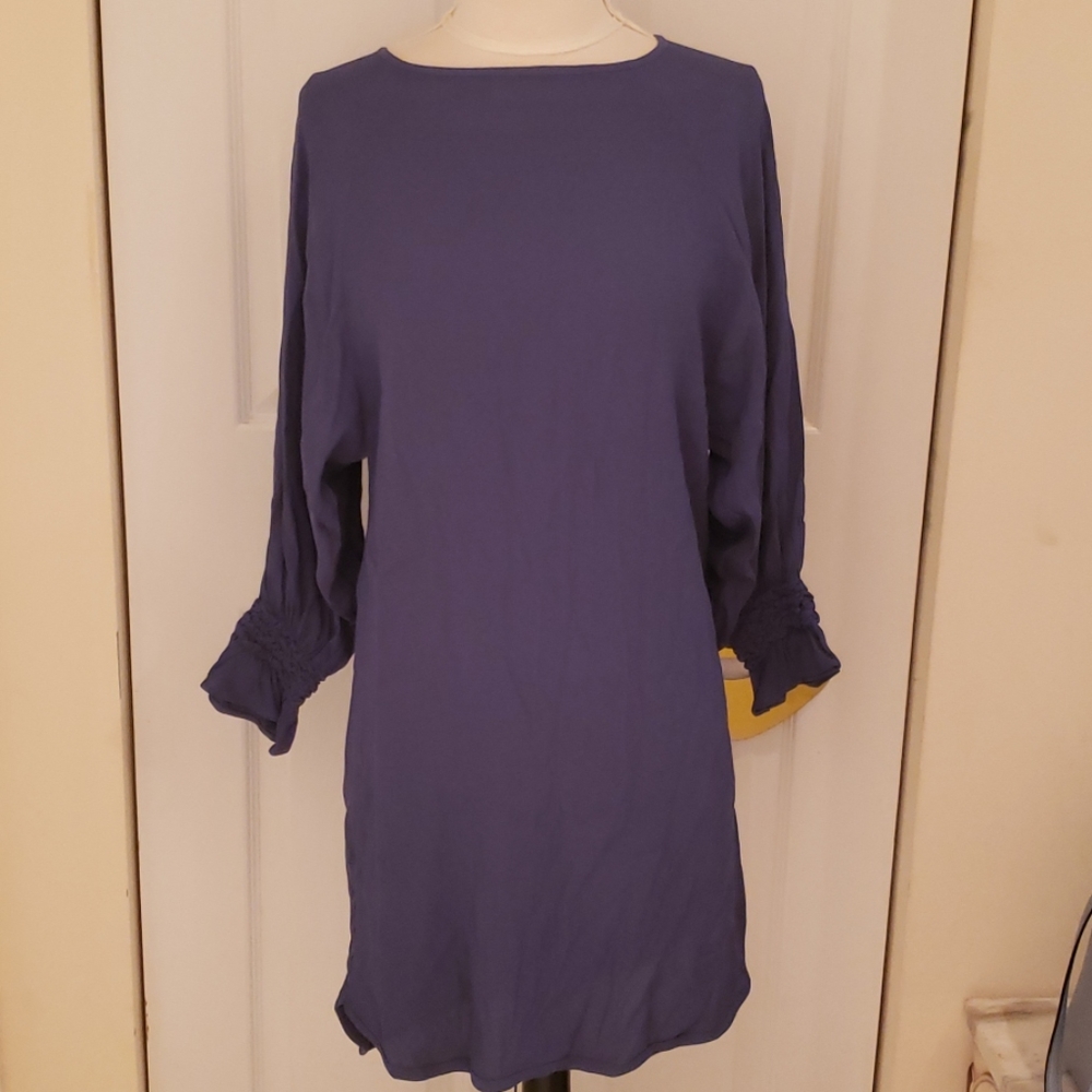 Maje Blue Ruched Smocked Sleeve Dress